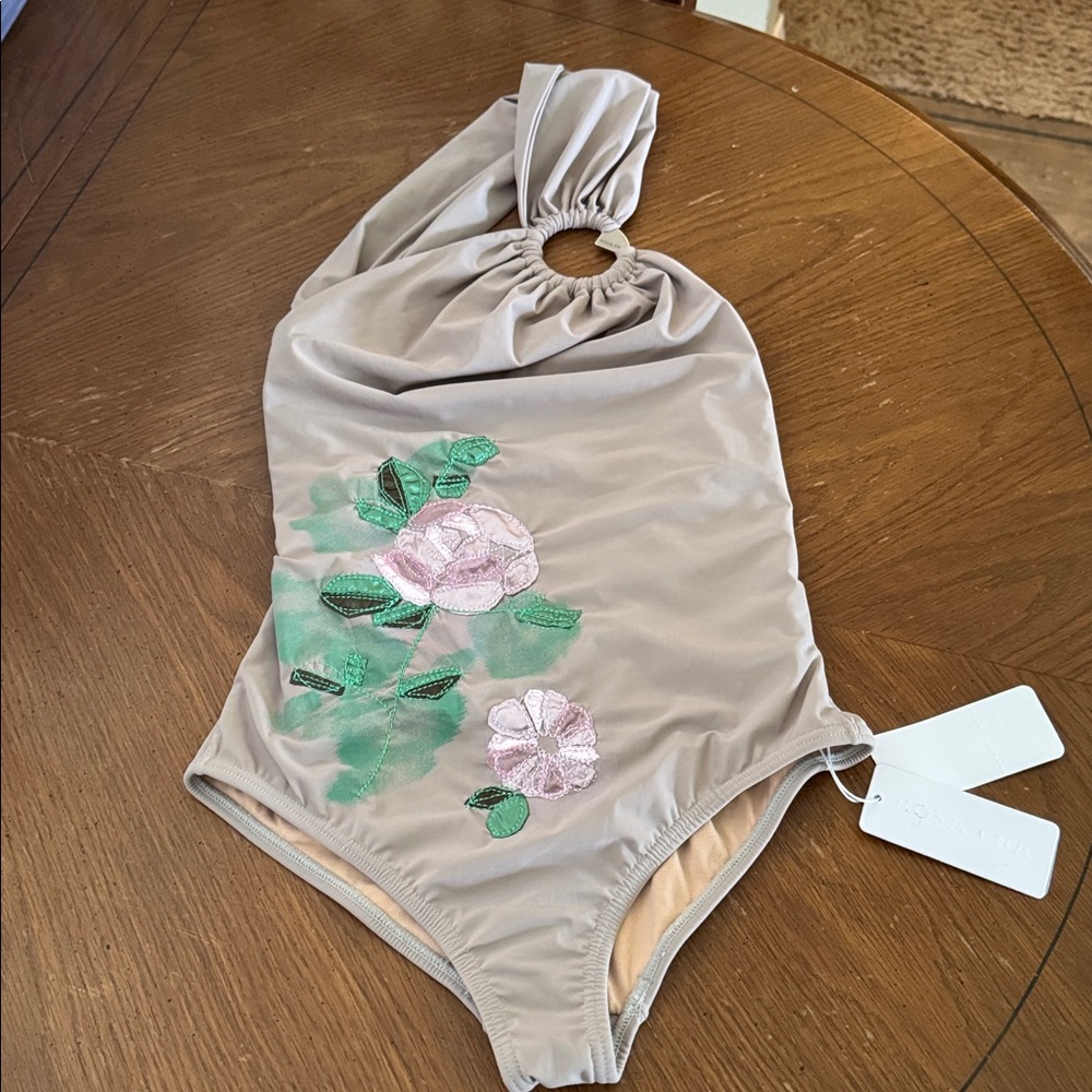 Rosa Cha Brazil Floral Asymmetrical 1 Piece Bathing Suit Taupe Pink Green NWT M